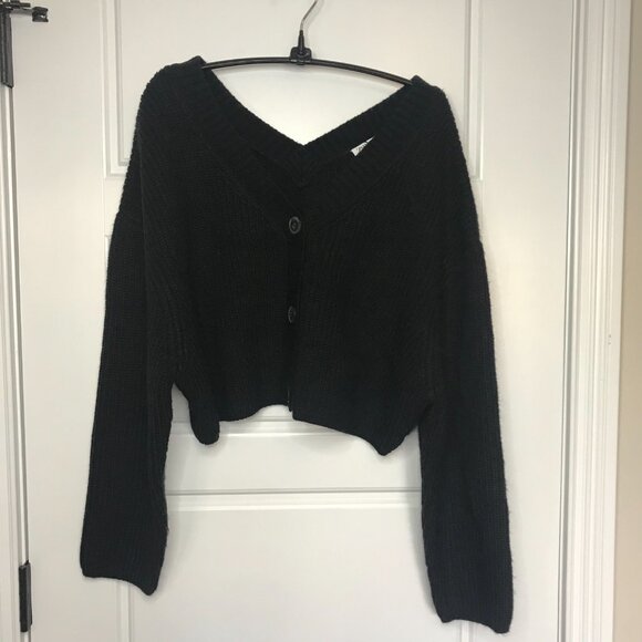 Zara Black V-Neck Cropped Cardigan Sweater Women's Large Ribbed Wool Blend NEW - Picture 2 of 10